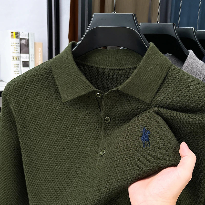High-end Quality Men's Casual Outdoor Pineapple Pattern Knitted Long-sleeve Polo Shirt (eco-cotton, No Shrinkage No Deformation)