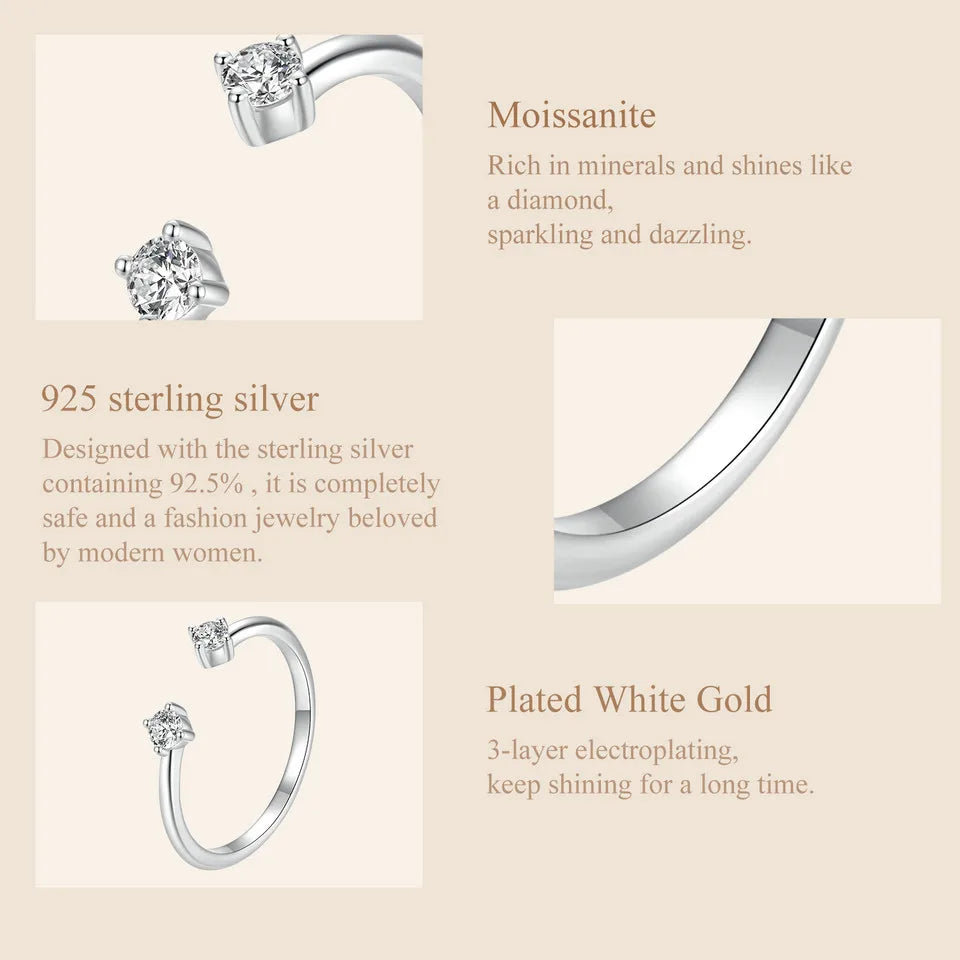 Moissanite White Gold Plated Adjustable Ring 925 Sterling Silver Exquisite Open Ring for Women Fine Jewelry Gift