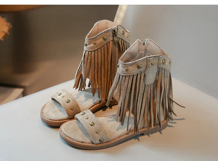One-strap Summer Roman Shoes for Girls Tassel Rivets High-top Sandals Little Girl Soft Sole Bohemian Dress Shoes Child I06133
