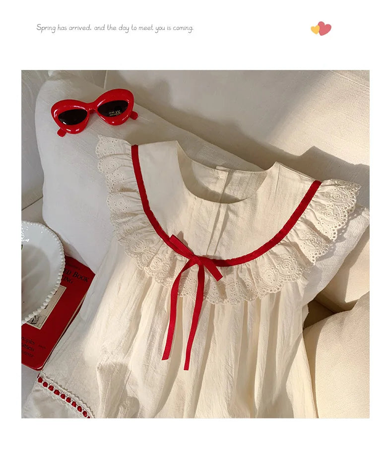 Kid Girl Exquisite Dress Ruffled Lace Collar Trimmed in Red Ribbon Red Dotted Lace Cut Out Embroidery on The Skirt for Children