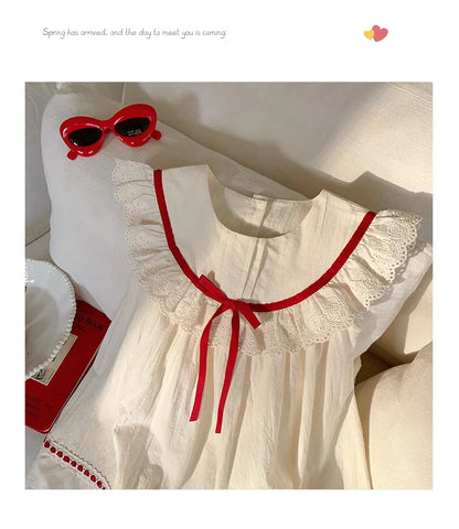 Kid Girl Exquisite Dress Ruffled Lace Collar Trimmed in Red Ribbon Red Dotted Lace Cut Out Embroidery on The Skirt for Children