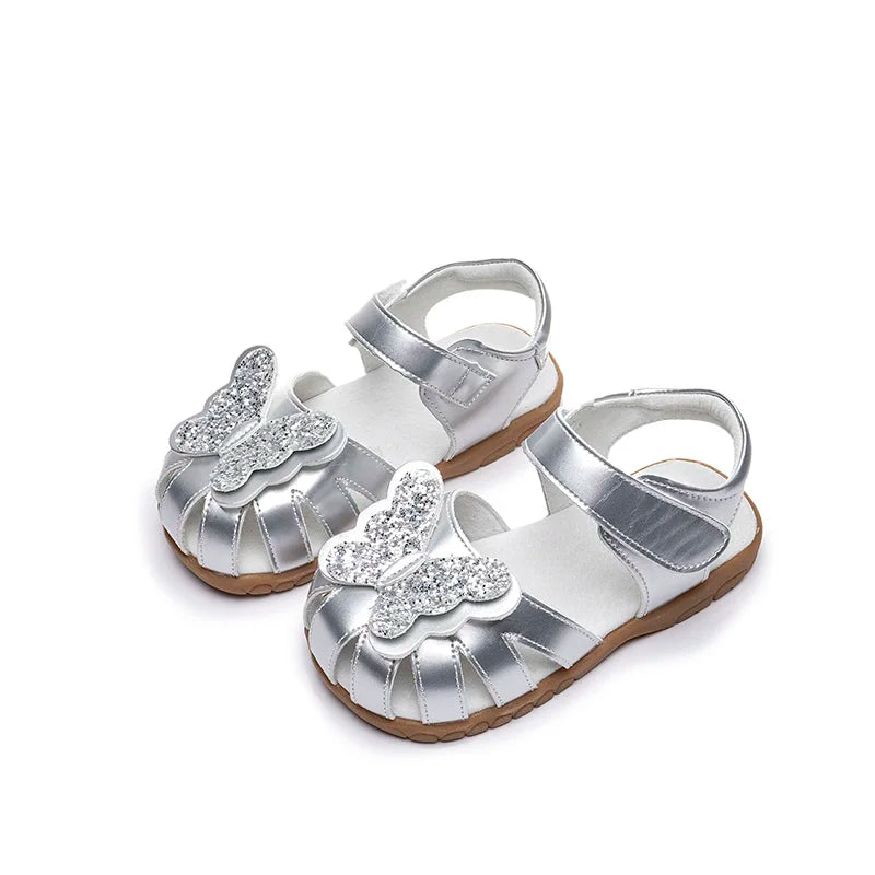 Leather sparkling butterfly Girls flat Sandals closed toe little kids girls summer shoes