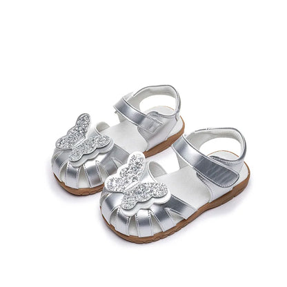 Leather sparkling butterfly Girls flat Sandals closed toe little kids girls summer shoes