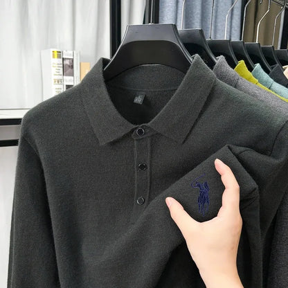 High quality luxury knitted long sleeve T-shirt men's autumn new designer brand Pony embroidery fashion Paul classic polo shirt