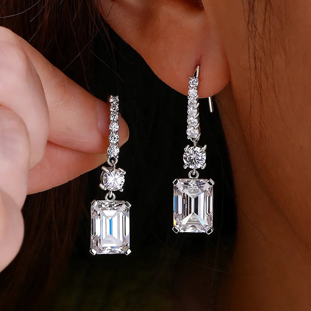 4.5carat Emerald Cut Moissanite Drop Earrings for Women 925 Sterling Silver Long Tassel Sparkling Diamond Hook Earring