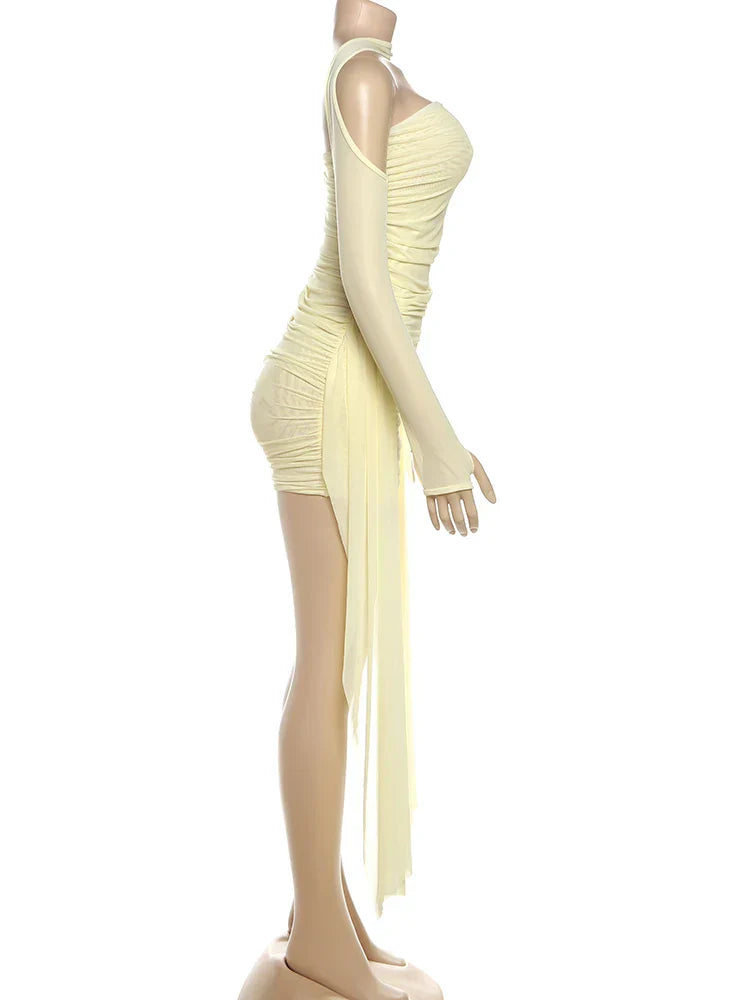 Mesh Simple Women Mini Dress Fashion Solid Strapless Ribbons Tassel Body-shaping Vestidos+Seperately Full Sleeve Gloves