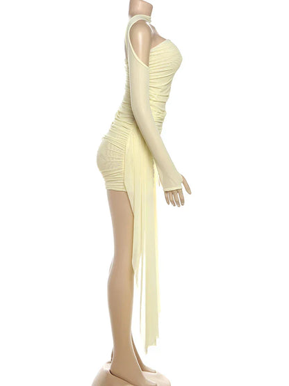 Mesh Simple Women Mini Dress Fashion Solid Strapless Ribbons Tassel Body-shaping Vestidos+Seperately Full Sleeve Gloves