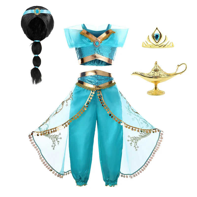Kids Arabian Princess Dress Girls Halloween Jasmine Costume Children Carnival Cosplay Party Disguise Girl Sequins Pageant Outfit
