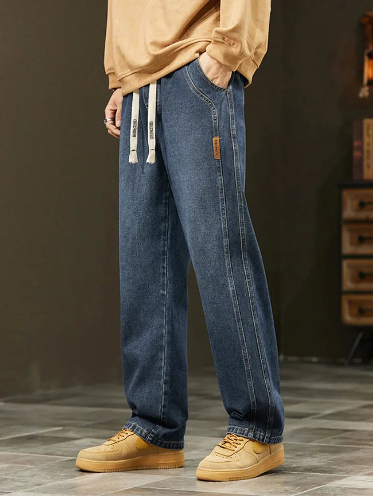 Men's Retro Jeans Elastic Waist Fashion Loose Straight Casual Wide Pants Cotton Casual Korean Baggy Wide Leg Denim Trousers