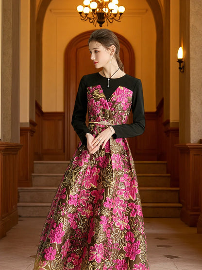 Elegant  Women Long Maxi Jacquard Dress New Party Evening Spliced Spring Autumn Vintage Floral Ball Gown