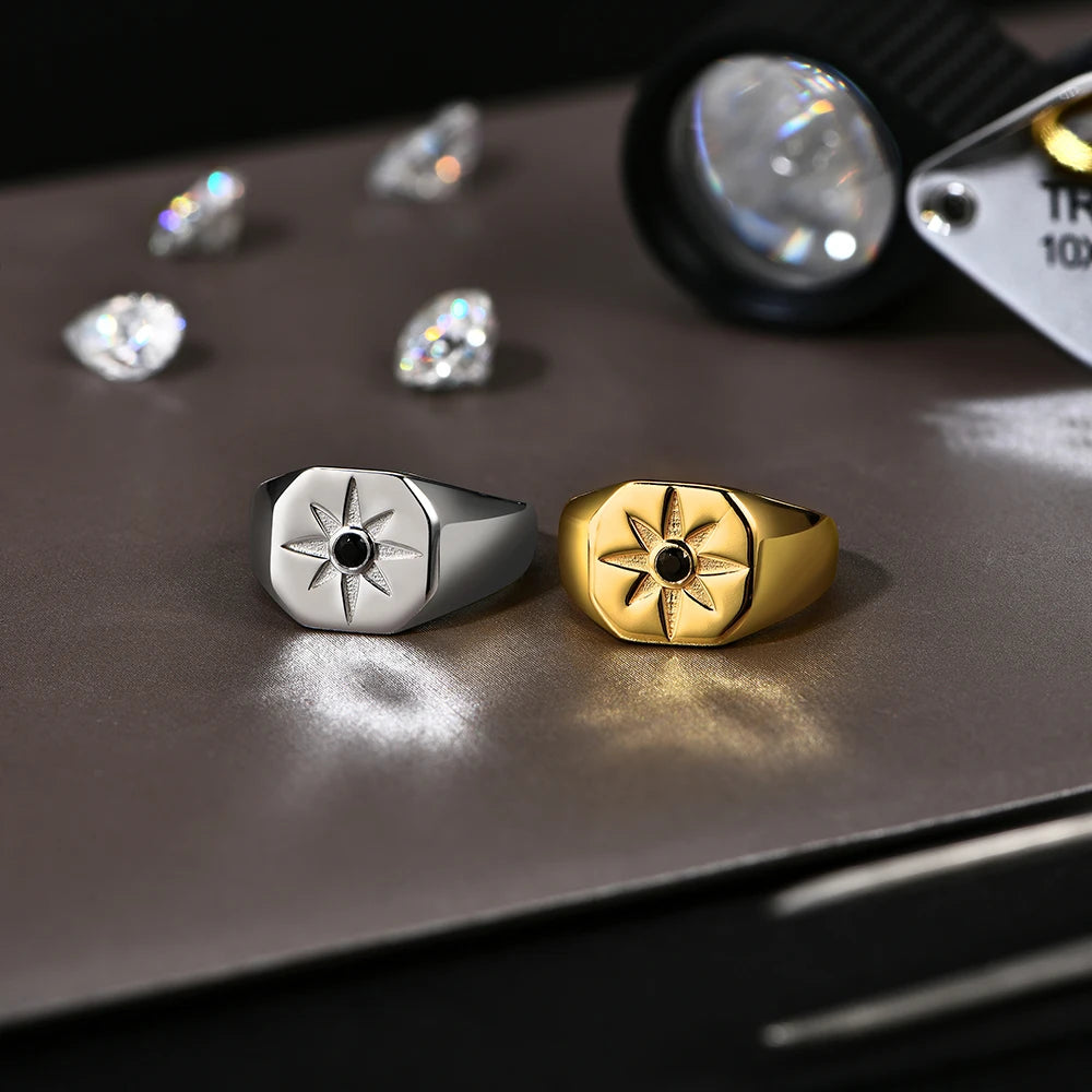 Vintage 8-Pointed Star Signet Ring for Men S925 Sterling Silver Black Spinel Women Rings Punk Jewelry Gifts for party