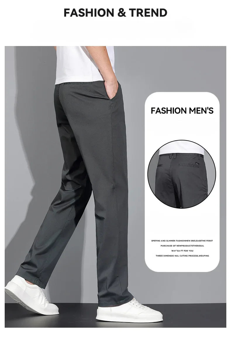 New Men's Business Cotton Thin Straight Pants Casual Elastic Slim Comfortable Male Brand Trousers Black Gray Khaki Royal Blue