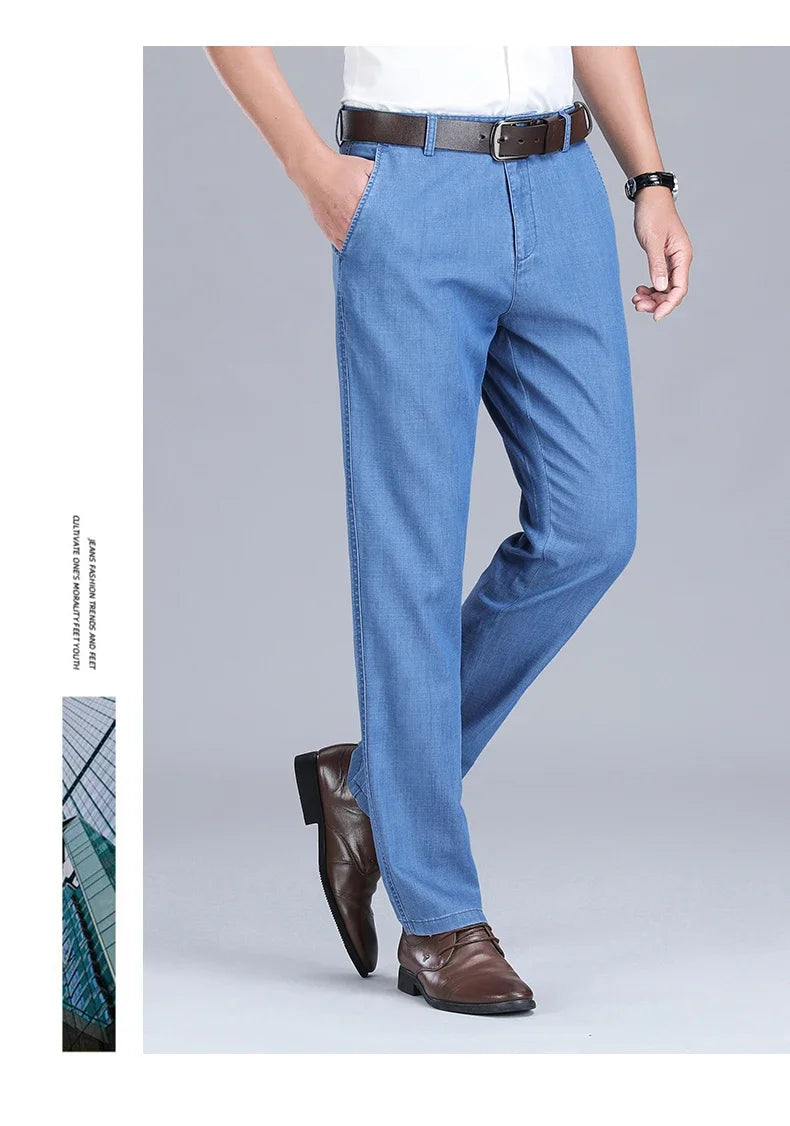 2026 New Men's Summer Jeans Thin Loose Stretch Large Size Ice Silk Straight Pants Elite Business Casual Pants Smoke Gray Blue
