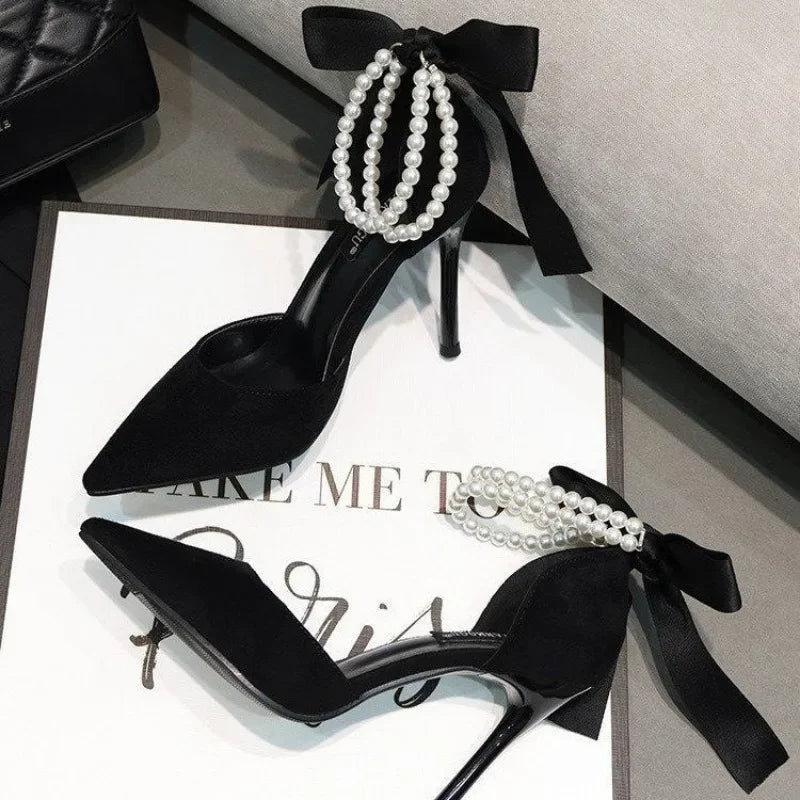 Black Women's Pumps   Summer New Brand Design String Bead Pearls Wedding Bridal High Heels Sexy Pointed Toe Party Dance Shoes