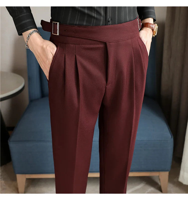 Luxury Men's Slim High-Rise Dress Pants - Heavyweight Subtle Stripe with 3D Pleats & Naples Tailoring