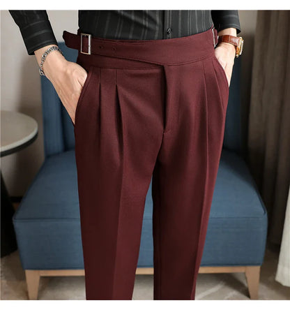 Luxury Men's Slim High-Rise Dress Pants - Heavyweight Subtle Stripe with 3D Pleats & Naples Tailoring
