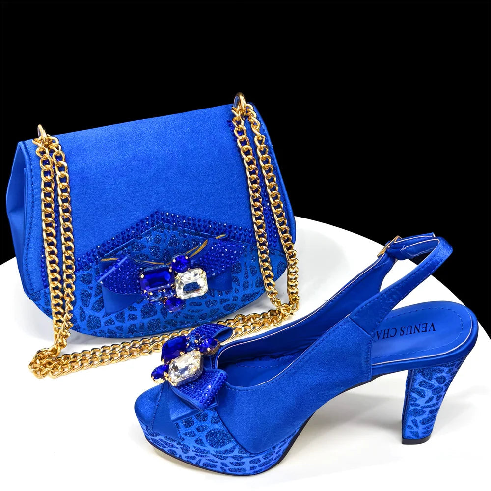 Nigerian Women Heel Party Shoes and Bag Set Royal Blue Colour Rhinestone Handbag Italian Design Wedding