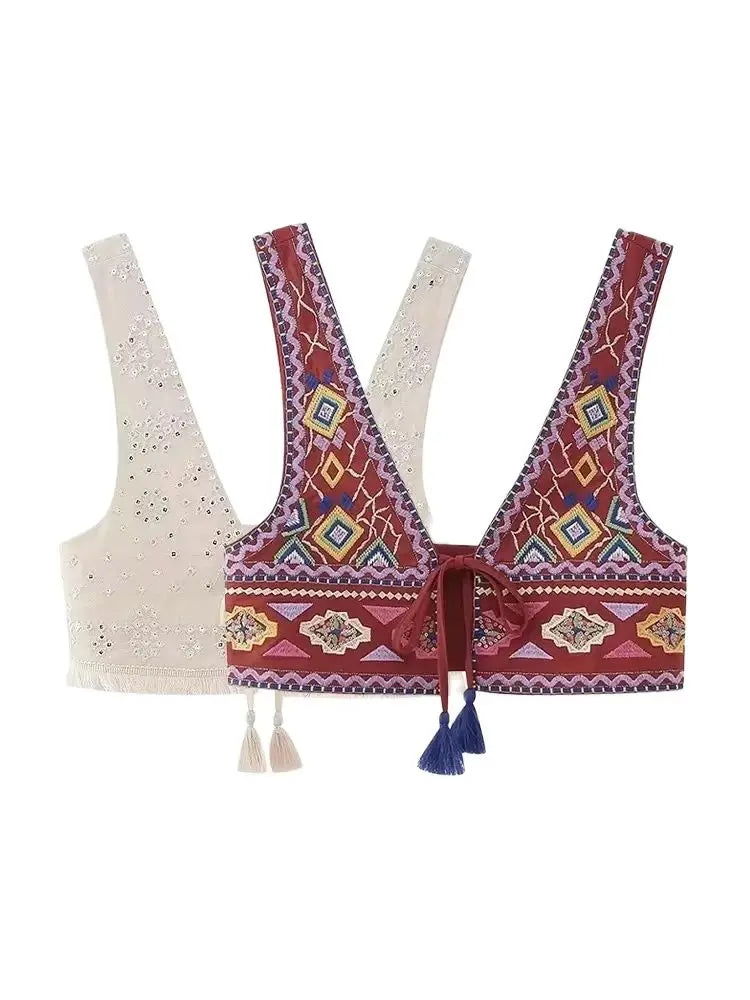 Women Fashion With Tie Tassel Embroidered Crop Tank Tops Sexy V Neck Wide Straps Female Waistcoat Chic Vest Tops
