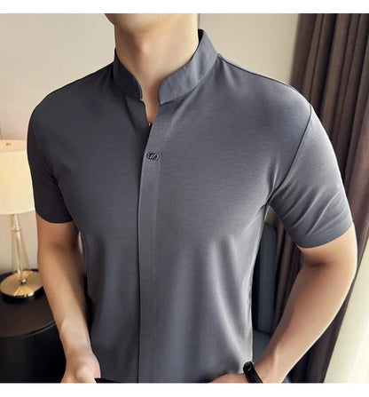 Men's High Elastic V-neck Polo Shirt, Thin Short-sleeve T-shirt, Business Casual Men's Top, 2024 High Quality, M-4XL.