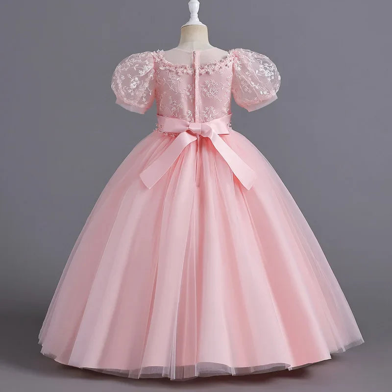 8901 Vestido Infantil para Meninas de 4 a 12 anos Princesa Lantejoulas Manga Bufante Longo Tule Florista Casamento Verão Pequeno