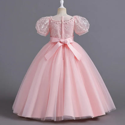 8901 Vestido Infantil para Meninas de 4 a 12 anos Princesa Lantejoulas Manga Bufante Longo Tule Florista Casamento Verão Pequeno
