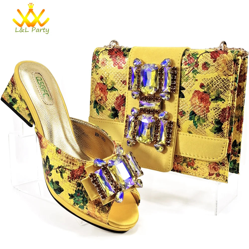 Shoes and Bag Set in Green Color High Quality Specials Design Slipper with Crystal for Wedding Dress
