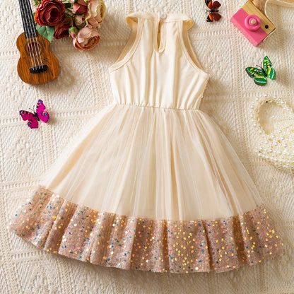 Girl Party Princess Dress Summer Sequin Tulle Dress Elegant Party Red/Pink/White Dresses 3-7Y for Wedding Birthday Holiday Gift