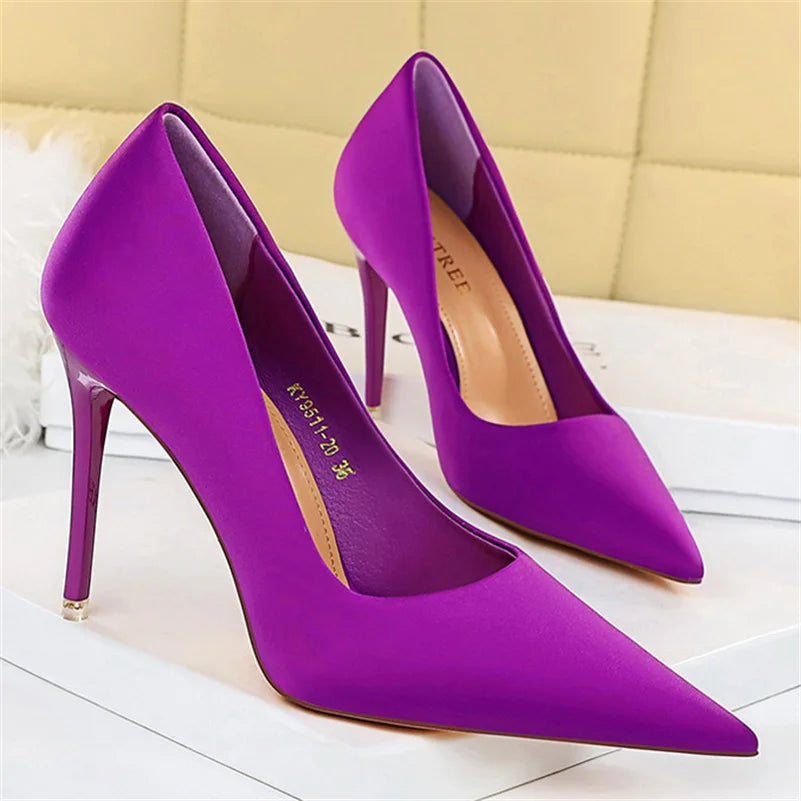 Women 7.5cm 10.5cm High Heels Scarpins Silk Satin Pumps Lady Quality Green Purple Fetish Wedding Bridal Mid Low Heels Prom Shoes