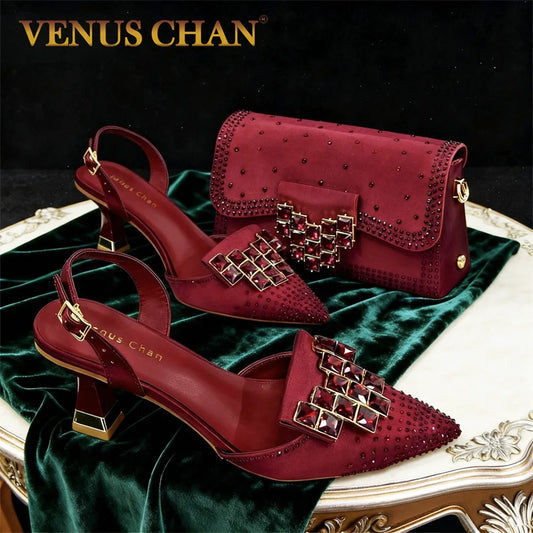 Italy Italian style Rhinestone Pointed Toe High Heels - Elegant Women's Party & Wedding Shoe and Bag Set