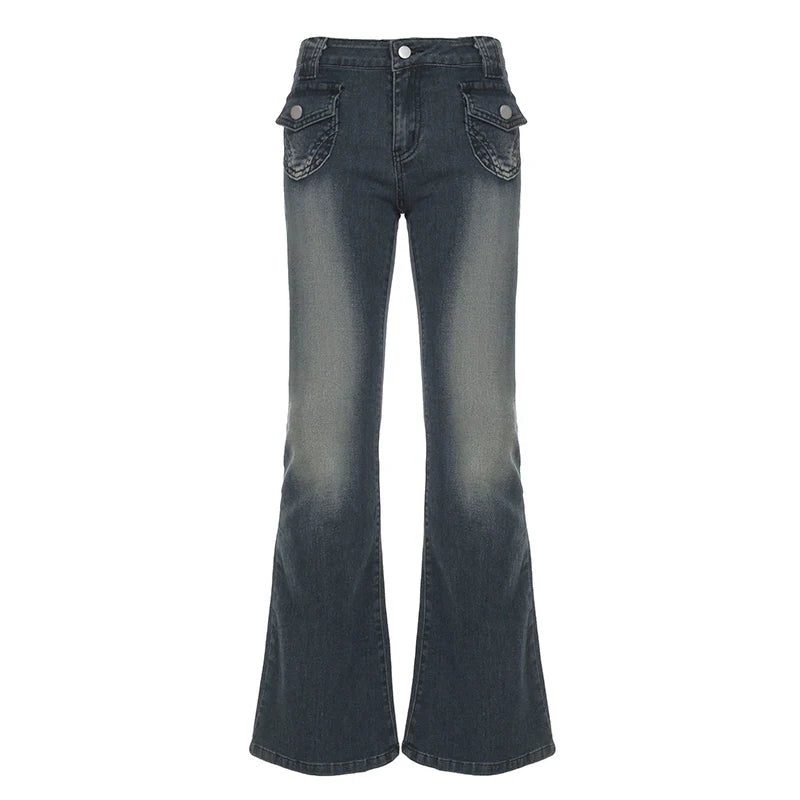 Basic Pockets Women Jeans Casual Vintage Washed Denim Flare Pants Streetwear Slim Jeans Spring Summer All-match Bottoms