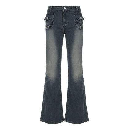 Basic Pockets Women Jeans Casual Vintage Washed Denim Flare Pants Streetwear Slim Jeans Spring Summer All-match Bottoms