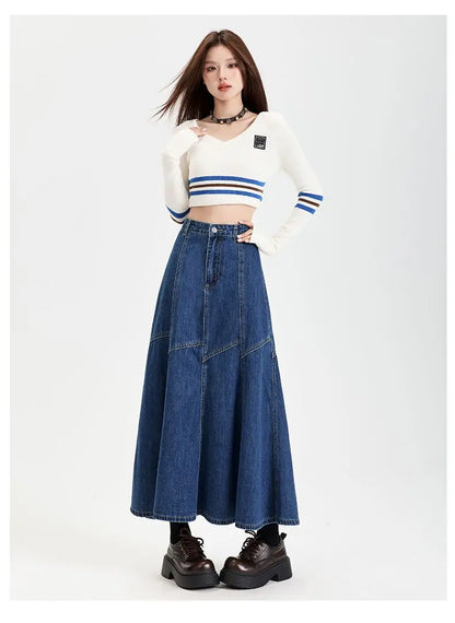 Women Blue A-line Denim Skirt Vintage Aesthetic Y2k Patchwork New Jean Skirt Harajuku Korean Cowboy Skirts 2000s Clothes Summer
