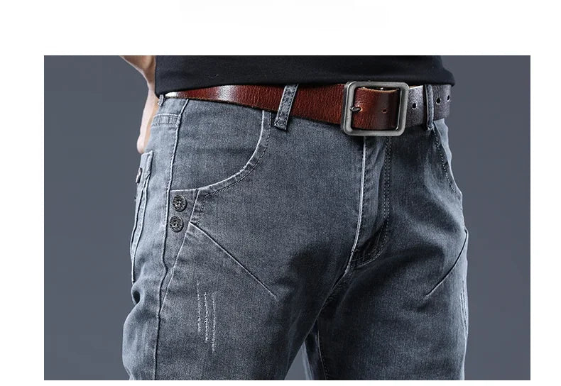 2026 New Gray Skinny Jeans Men's Slim Elastic Korean Fashion Vintage Casual Feet Male Clothing Denim Trousers 27-36