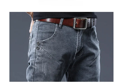 2026 New Gray Skinny Jeans Men's Slim Elastic Korean Fashion Vintage Casual Feet Male Clothing Denim Trousers 27-36