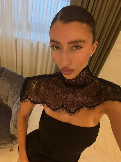 Lace Backless Sexy Mini Dress Women Gown Elegant See Through Turtleneck Sleeveless Bodycon Club Party Dresses Female