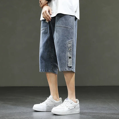 Korean Style Summer Men's Black Wide Leg Denim Shorts New Fashion Casual Baggy Short Jeans Male Plus Size 6XL 8XL YBR602