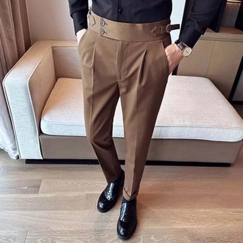 New Spring Autumn High Waist Smart Casual Dress Pants Men Belt Design Slim Suit Pants Formal Wedding Social Party Mens Trousers