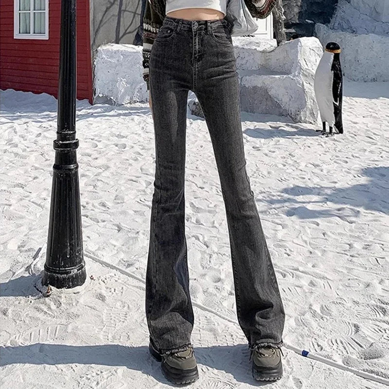 2024 Woman High Waist Vintage Flare Jeans Female Gothic Elastic Bell Bottom Pants Lady Streetwear Blue Black Grey Denim Trousers