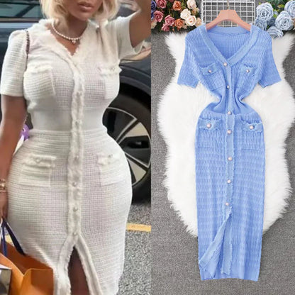 Women Knitted Long Dress Elegant V-neck Single-breasted Split Sweater Dress Office Lady Vestidos