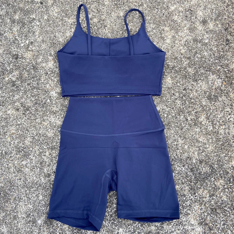 2 Piece Yoga Shorts Set Gym Sports Set Women Workout Clothes Fitness Suit Thin Strap Bra Top High Waist Shorts Running Tracksuit