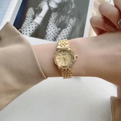 Women's Fashion Round Room Gold Steel Band Quartz Wristwatch Luxury Ladies Golden Watch for Women Clock Female Reloj