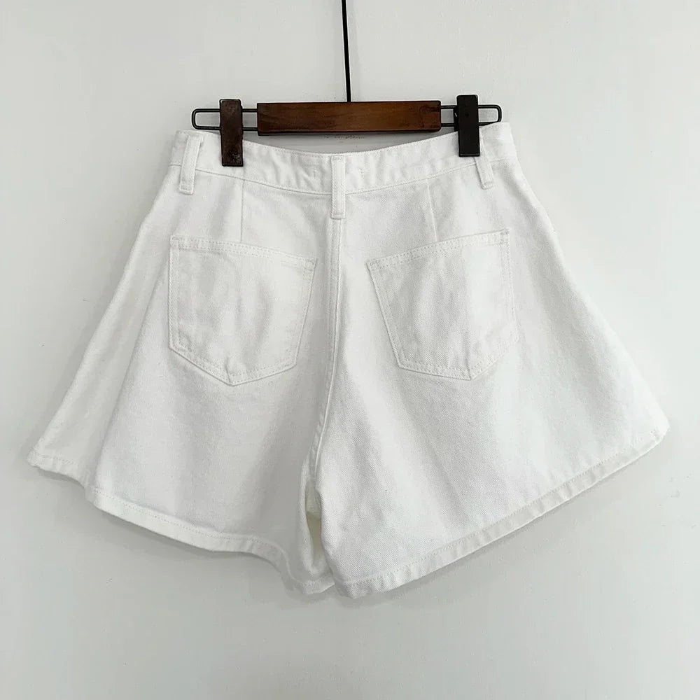 Summer Washed High Waist Women's A-line Denim Shorts Pocket White 2025 New Casual Loose Wide Leg Jeans Shorts Female