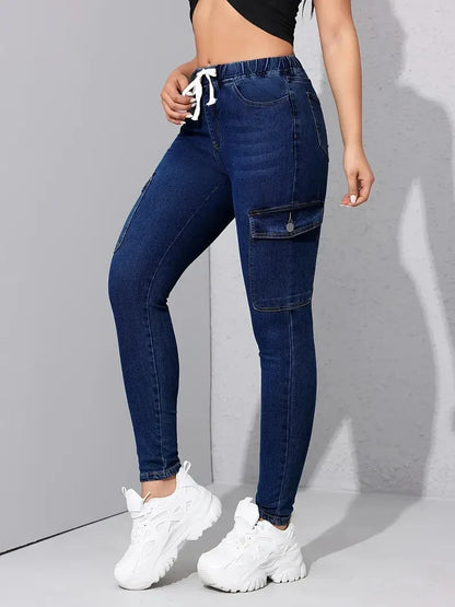 Women's multi-pocket elastic jeans, high-waisted skinny ankle jeans