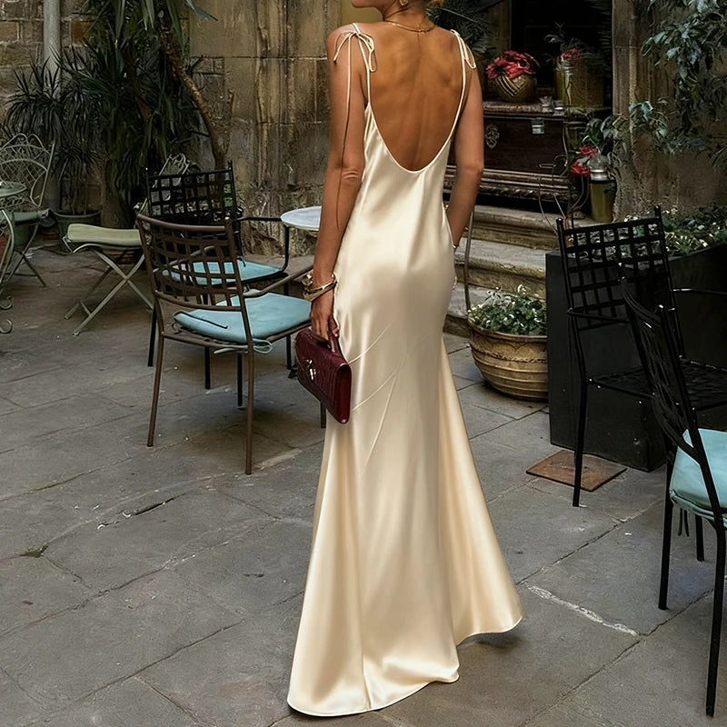 Original Women's Satin Champagne Dress Sleeveless Sexy Backless Evening Dresses Guest Elegant Bridesmaid Long Evening Gown