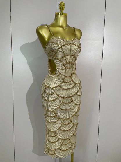 Women Hot Sale Sleeveless Sexy Strap Pearl Beading Sequins Bodycon Long Dress Celebrate Evening Party Birthday Outfit Vestido