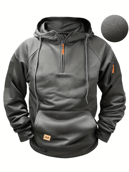 Moletom masculino casual outono inverno com capuz e bolso com vários zíperes na manga