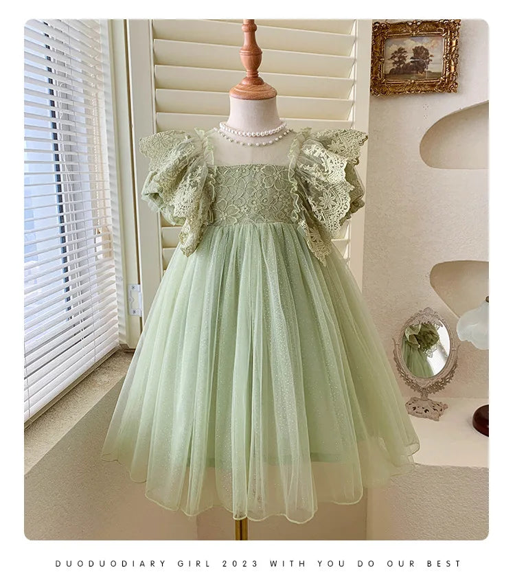 Kid Girl Elegant Light Green Dress for Children Intricate Lace Flutter Sleeves and Voluminous Sparkling Tulle Skirt Summer