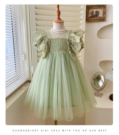 Kid Girl Elegant Light Green Dress for Children Intricate Lace Flutter Sleeves and Voluminous Sparkling Tulle Skirt Summer