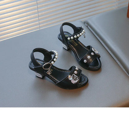 Girls Shiny Rhinestone Flowers Leather Sandals 2026 New Summer Toddler Strappy Sandals Hight Heel Soft Sole Princess Style Shoes