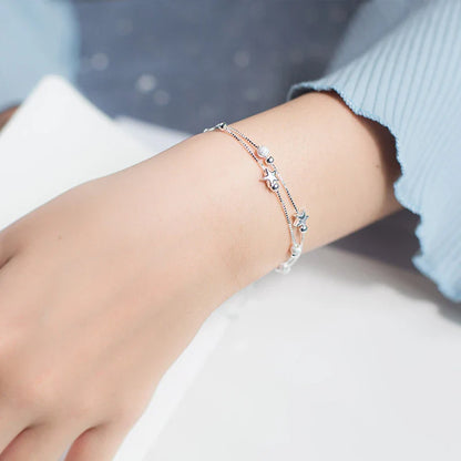 New 925 Sterling Silver Beads Ball Stars Double Layer Bracelet For Women Charm Bracelet Engagement Original Fine Jewelry
